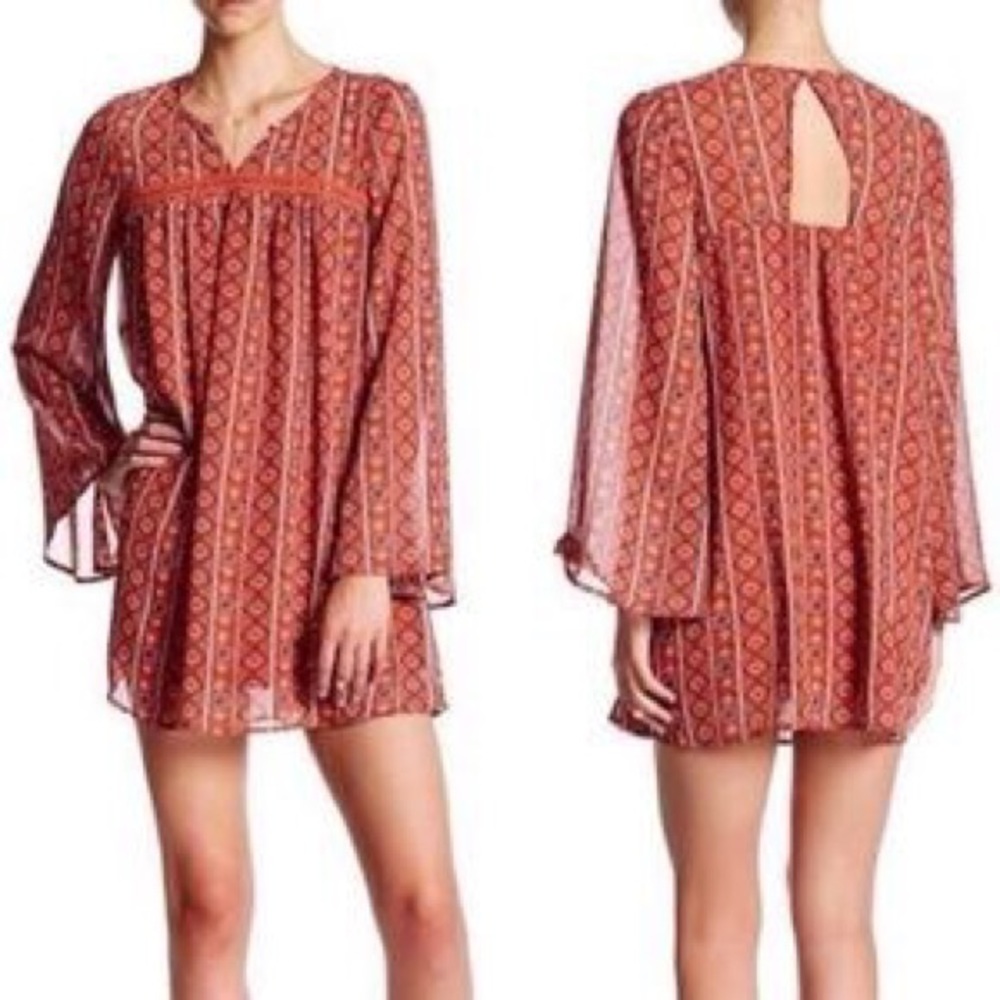 Wyld  Hart Bell Sleeve Printed Boho Tunic Dress S